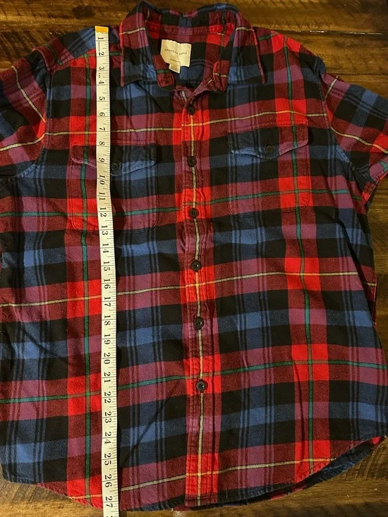 American Eagle Plaid Flannel Shirt Womens Large Red Blue Button Front - Picture 8 of 9